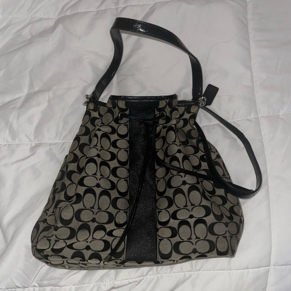 Coach Grey/Black Signature Canvas and Patent Leather Drawstring Bucket Bag